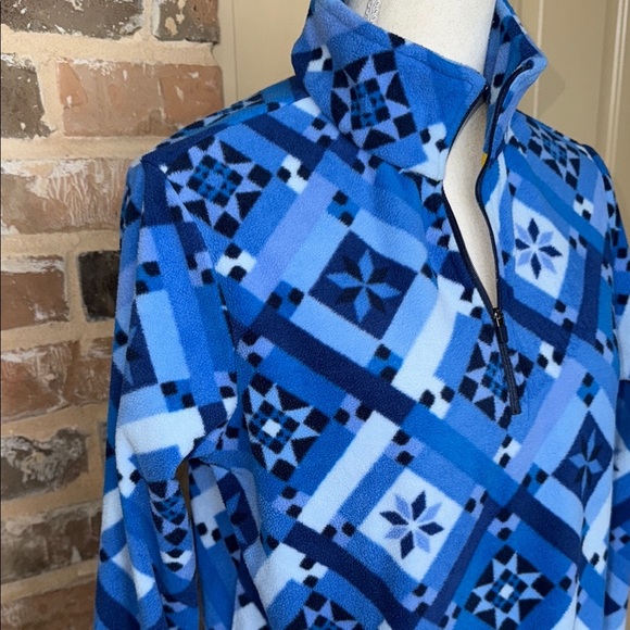 Lands End Blue Fleece Shift Dress Quilt Print 1/4 Zip Long Sleeve Pockets Sz S - Picture 3 of 11